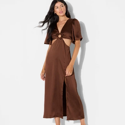 Women's Flutter Sleeve Satin Cap Maxi Bodycon Dress - Wild Fable™ Dark Brown 3 Women's Flutter Sleeve Satin Cap Maxi Bodycon Dress - Wild Fable™ Dark Brown - Image 3