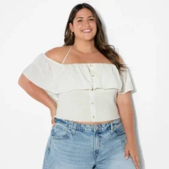 Women's Smocked Ruffle Sleeve Open-Neck Halter Top - Wild Fable™ Off-White -Wild Fable™ GUEST 1ae70979 7f21 46a8 8067 271e092c68fa