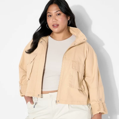 Women's Hooded Cropped Chore Fashion Jacket - Wild Fable™ Beige 4 Women's Hooded Cropped Chore Fashion Jacket - Wild Fable™ Beige - Image 4