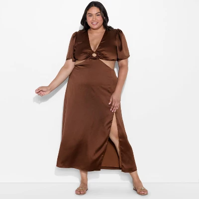 Women's Flutter Sleeve Satin Cap Maxi Bodycon Dress - Wild Fable™ Dark Brown 4 Women's Flutter Sleeve Satin Cap Maxi Bodycon Dress - Wild Fable™ Dark Brown - Image 4