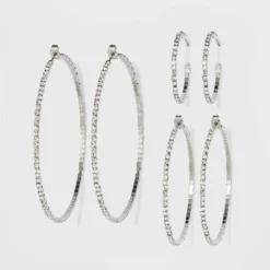 Trio Imitation Rhodium With Glass Crystal Rhinestone Hoop Stud Earring Set 3pc - Wild Fable™ White Crystal: Sparkly Hoops, Nickel-Free Metal -Wild Fable™ GUEST 36ddbf23 6bf7 4009 982e d35af2c2150c