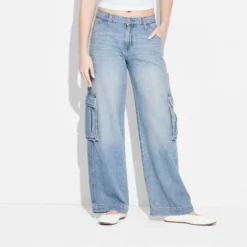 Women's Mid-Rise Wide Leg Cargo Baggy Jeans - Wild Fable™