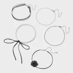 Crystal Faux Pearl & Ribbon Choker Necklace Set 5pc - Wild Fable™ Black/Silver