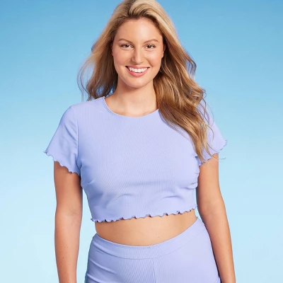 Women's Ruffle Detail Ribbed Short Sleeve Cropped Rashguard - Wild Fable™ Purple 2 Women's Ruffle Detail Ribbed Short Sleeve Cropped Rashguard - Wild Fable™ Purple - Image 2