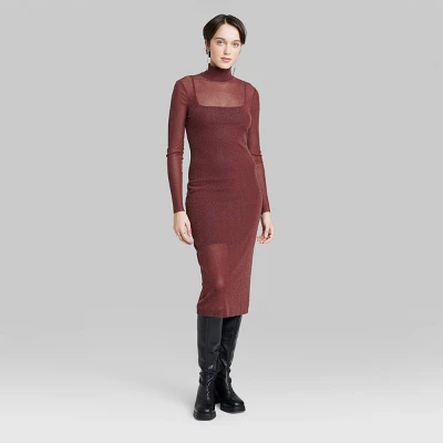 Women's Long Sleeve Lurex Mesh Midi Dress - Wild Fable™ Burgundy 1 Women's Long Sleeve Lurex Mesh Midi Dress - Wild Fable™ Burgundy