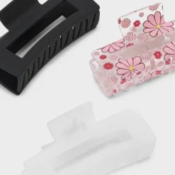 Flower And Solid Rectangle Claw Hair Clip Set 3pc - Wild Fable™ Pink/Black/White: Plastic Hair Accessories
