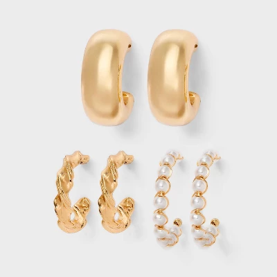 Smooth Twist And Pearl Hoop Earring Set 3pc - Wild Fable™ Gold 3 Smooth Twist And Pearl Hoop Earring Set 3pc - Wild Fable™ Gold - Image 3