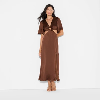 Women's Flutter Sleeve Satin Cap Maxi Bodycon Dress - Wild Fable™ Dark Brown 1 Women's Flutter Sleeve Satin Cap Maxi Bodycon Dress - Wild Fable™ Dark Brown