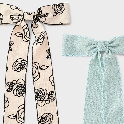 Floral Print And Solid Bow Hair Clip Set 2pc - Wild Fable™ Beige/Teal Green 2 Floral Print And Solid Bow Hair Clip Set 2pc - Wild Fable™ Beige/Teal Green - Image 2