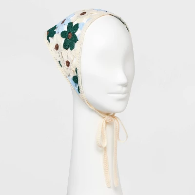 Knitted Flowers Headscarf - Wild Fable™ Ivory/Blue/Brown/Green: Floral Polyester Scarf For Fashion 1 Knitted Flowers Headscarf - Wild Fable™ Ivory/Blue/Brown/Green: Floral Polyester Scarf For Fashion