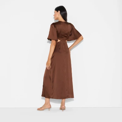 Women's Flutter Sleeve Satin Cap Maxi Bodycon Dress - Wild Fable™ Dark Brown 2 Women's Flutter Sleeve Satin Cap Maxi Bodycon Dress - Wild Fable™ Dark Brown - Image 2